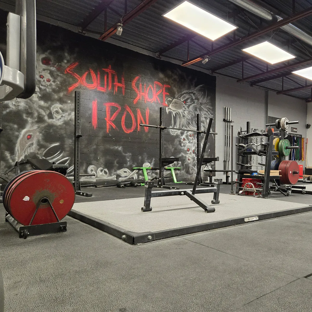 The South Shore Iron wolf mural above a lifting platform and squat racks