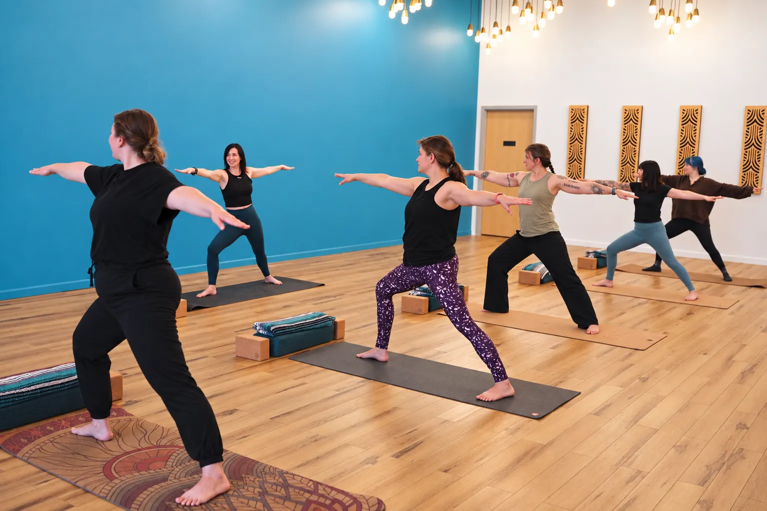 A Teal Yogi class holding warrior two in front of the studio's teal wall