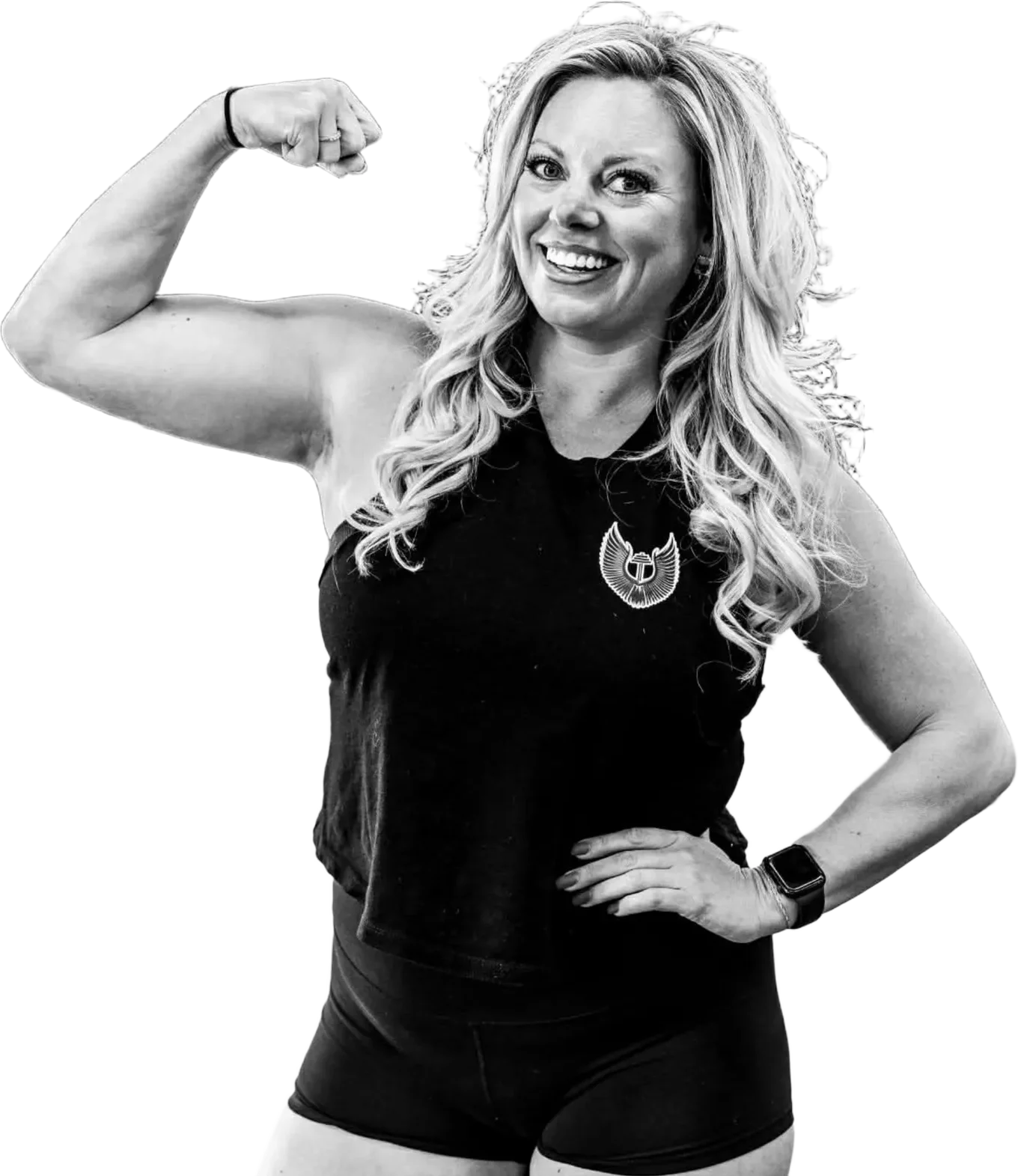 A Valkyrie Society member smiling and flexing